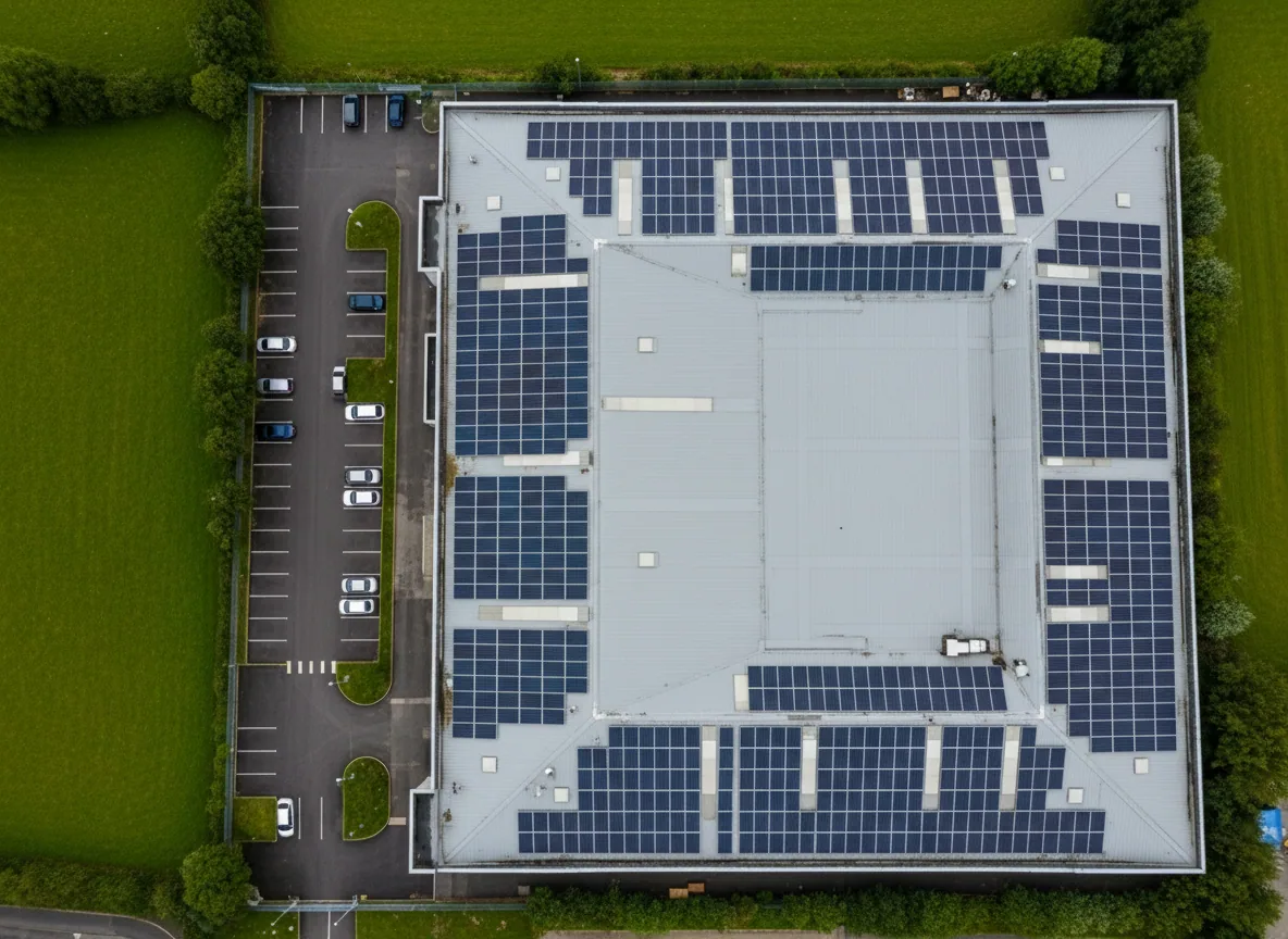 Aerial view of an Irish commercial warehouse with installed solar panels