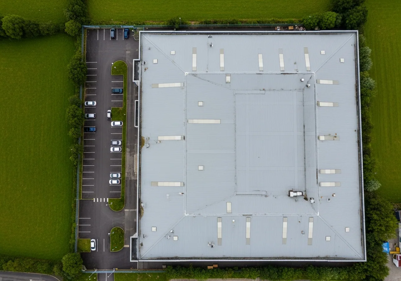 Aerial view of an Irish commercial warehouse before solar installation
