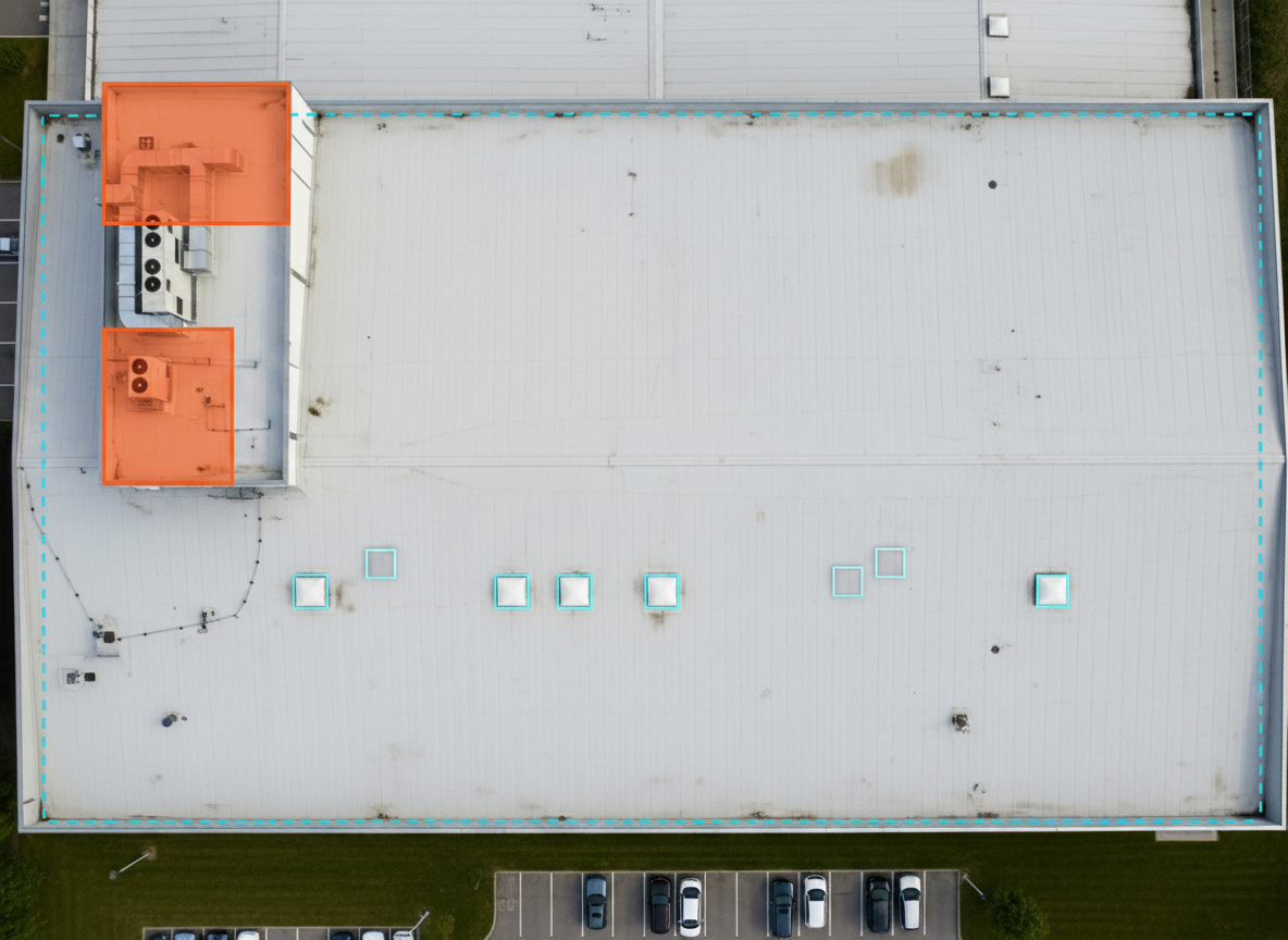 AI roof analysis — commercial warehouse aerial view with detection overlays